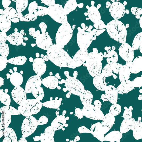 Stylish vector seamless pattern with grange prickly pear cactus leaves and fruits. Simple blue and white palette