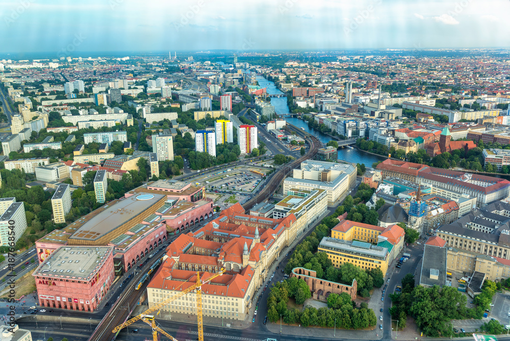BERLIN, GERMANY - JULY 23, 2016: Aerial view of city skyline. Berlin attracts 20 million people annually