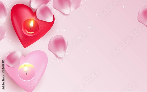 Pink burning heart shaped candles and rose petals over pink background. Vector illustration