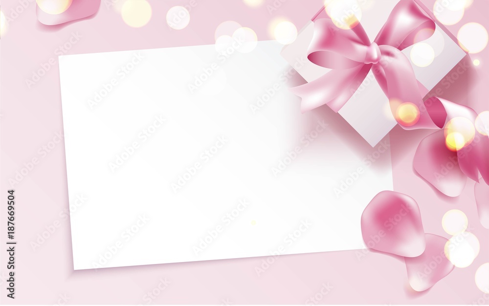 Rose petals and gift box on pink background. Beautiful romantic background with place for text. Vetor illustration