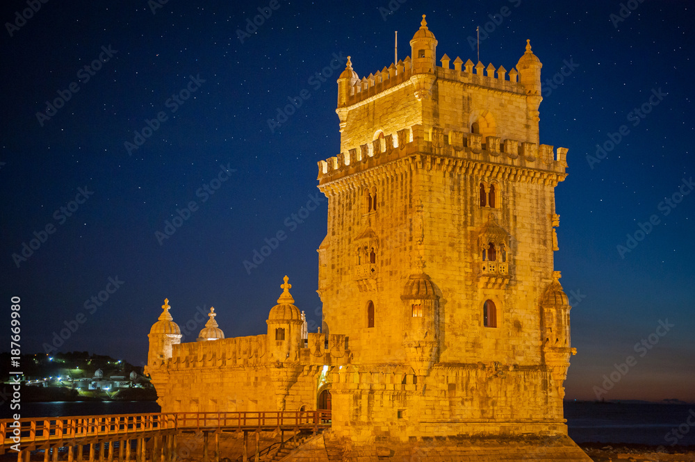 Portugal, Lisbon, view of the belem tower at night (late afternoon), an historical monument