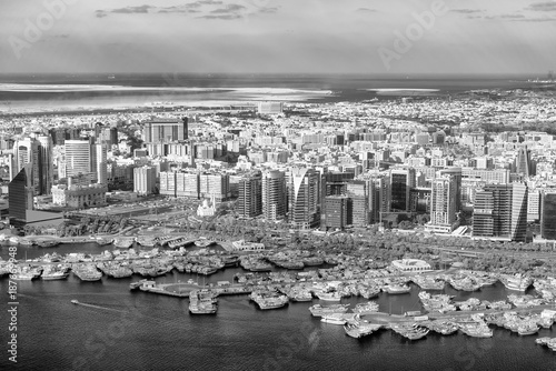 Aerial view of Deira skyline from helicopter, Dubai - UAE