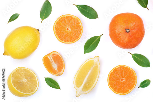 lemon and tangerine with leaves isolated on white background. Flat lay, top view. Fruit composition