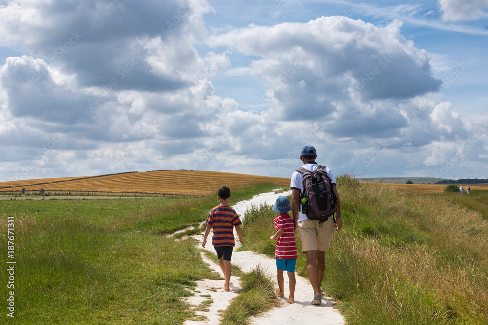 Father and children walking in countryside
