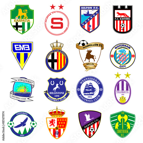 Football team logo. Set. Fictitious football league. 16 different emblems.