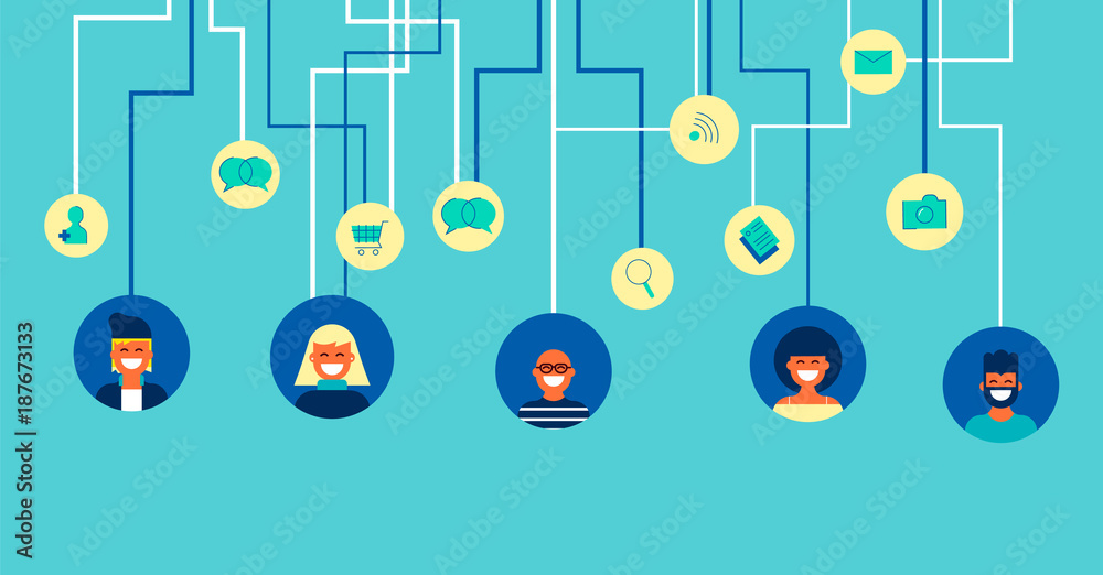 Social network people team connections in flat art