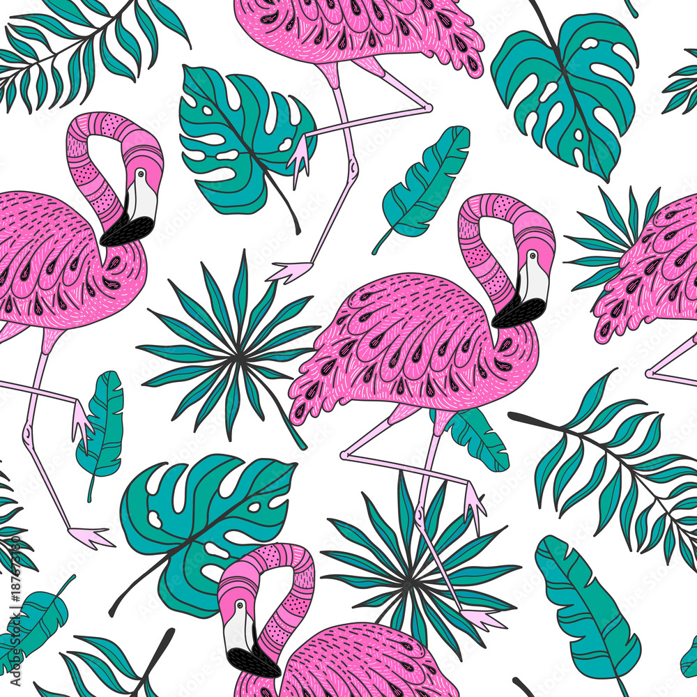 Naklejka premium Seamless pattern with flamingo, exotic leaves. Hand drawn vector tropical elements on white background