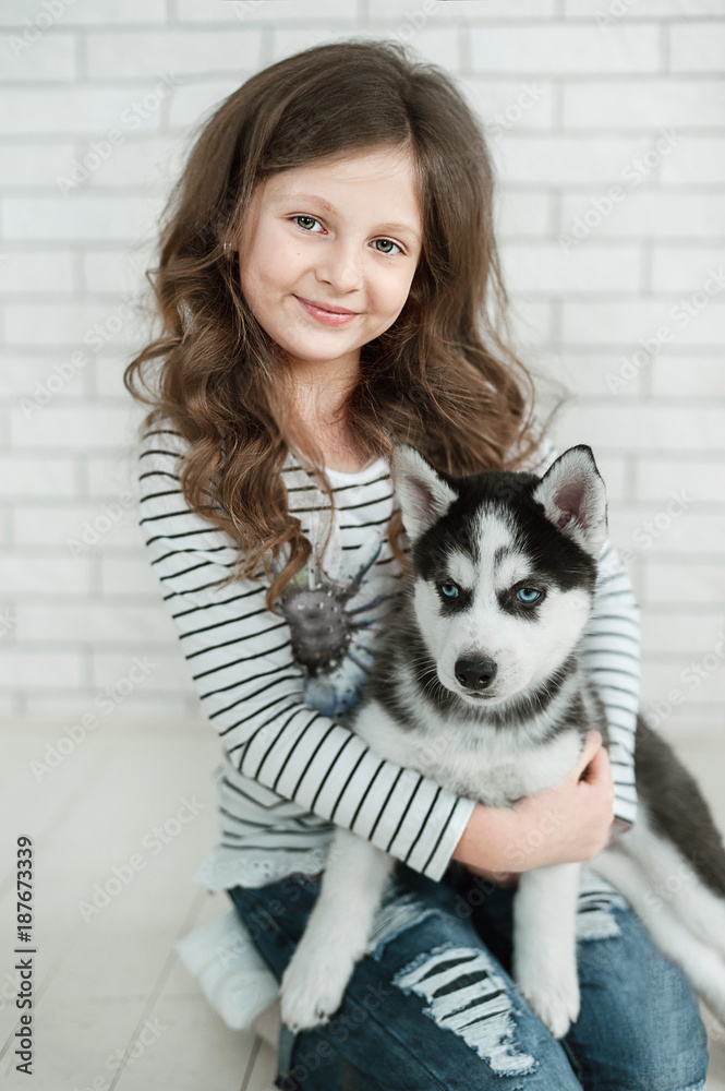 Cute little girl hugging a husky puppy on a white background. Symbol of new year 2018