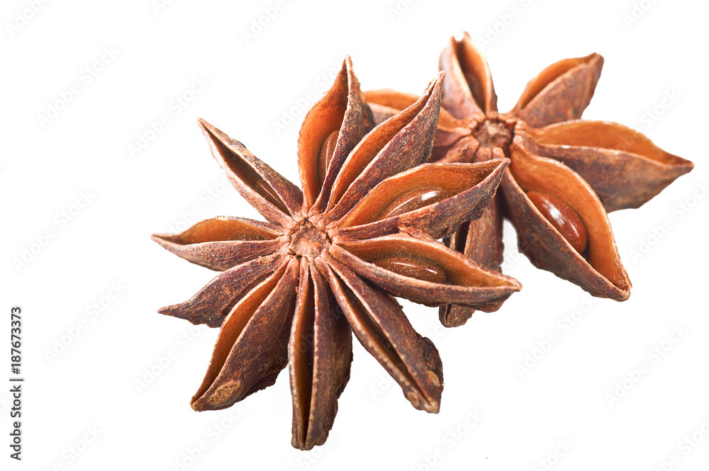 Star anise spice fruits and seeds on white Star anise spice fruits and seeds on white