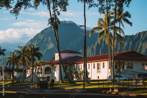 Beautiful park with university of Hawaii during sunny day near Honolulu.