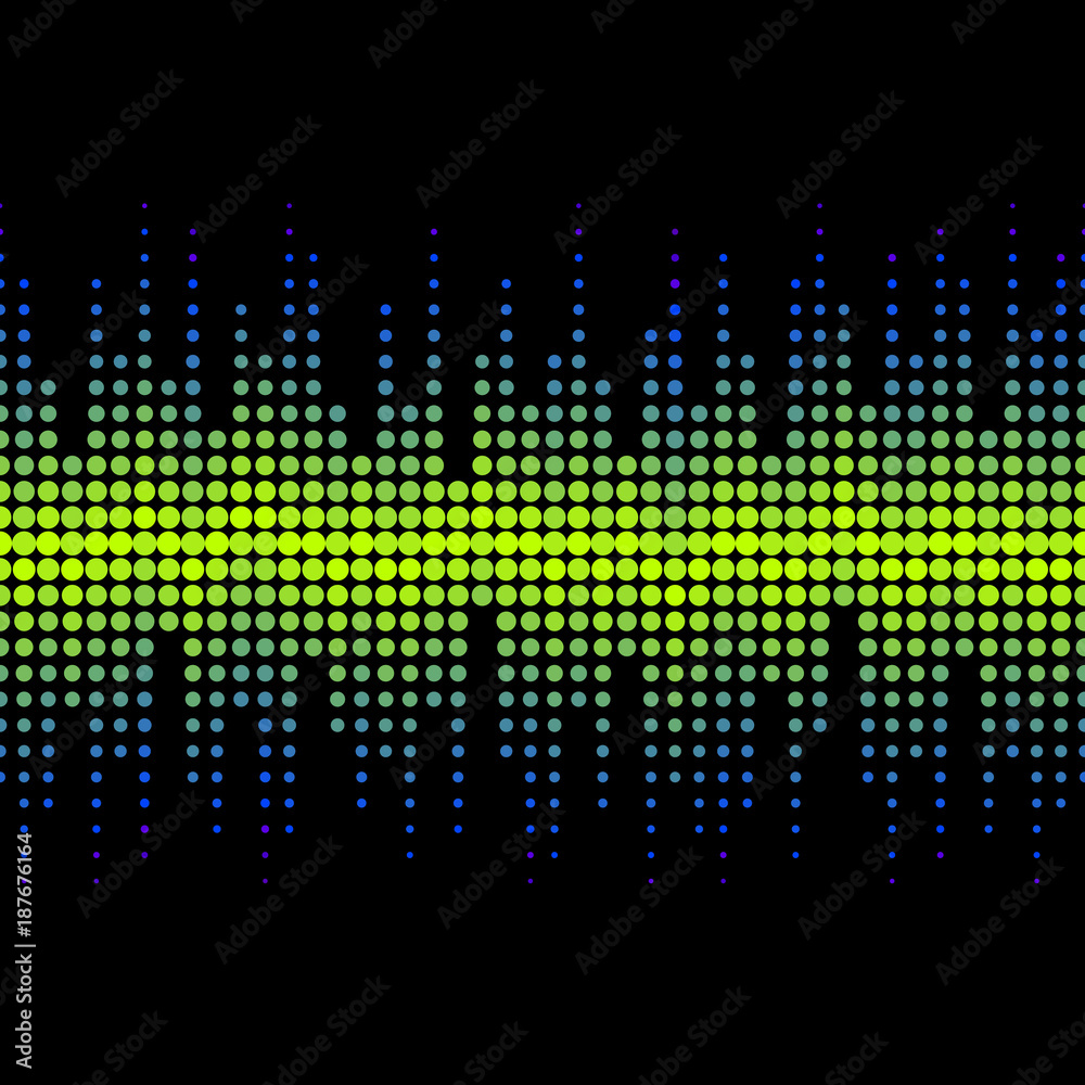 Vector halftone seamless pattern in bright neon colors. Dynamic visual effect, modern simple background with small colorful dots. Illustration of sound waves, music theme. Digital geometric texture 