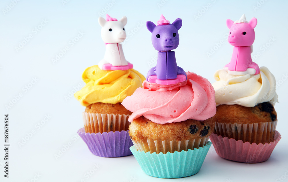 Unicorn cupcakes for a party, birthday or baby shower. bakery dessert concept