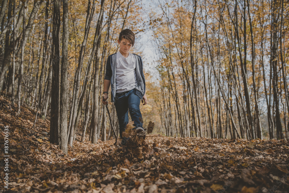 Full length of boy kicking leaves on field during autumn Full length of boy kicking leaves on field during autumn