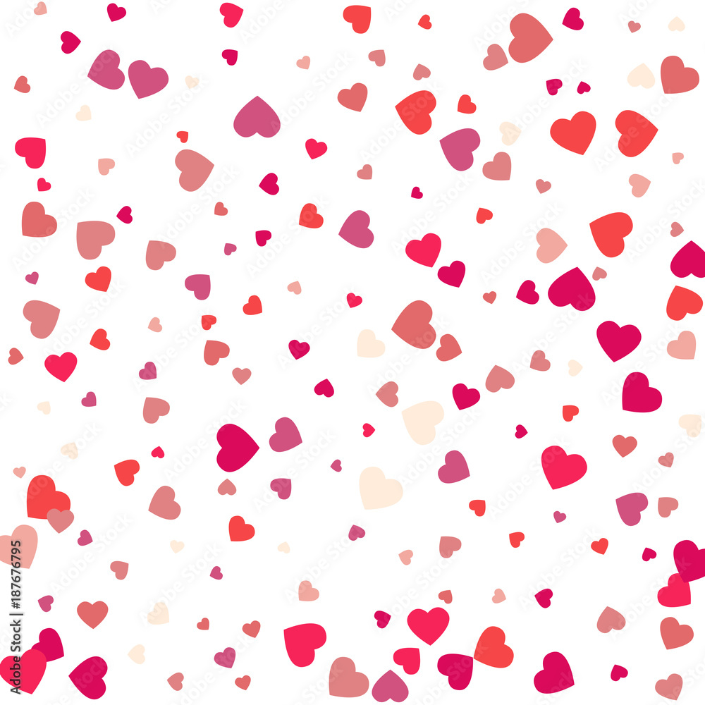Colorful Background with Heart Confetti. Valentines day greeting card or wedding invitation background party design. Cartoon flat style vector illustration