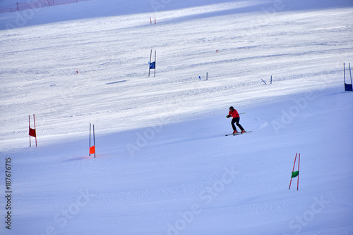 Val Senales, Italy-13 November 2013:Winter landscape, Val Senales Italian glacier ski resort in sunny day,Skiers on slope in ski resort