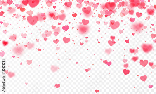 Heart confetti falling on transparent background. Valentines day card template. Vector illustration