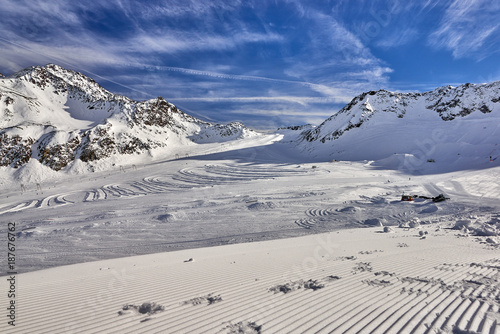 Winter landscape, Val Senales Italian glacier ski resort in sunny day, Panorama of Italian Alps photo