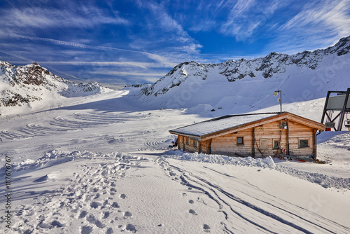 Winter landscape, Val Senales Italian glacier ski resort in sunny day, Panorama of Italian Alps