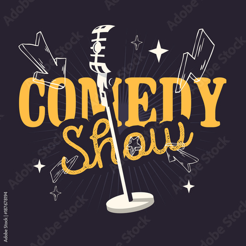 Comedy Show Design With Old Fashioned Microphone.