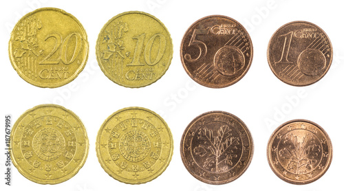 close - ups euro coins. twenty, ten, five, and a cent