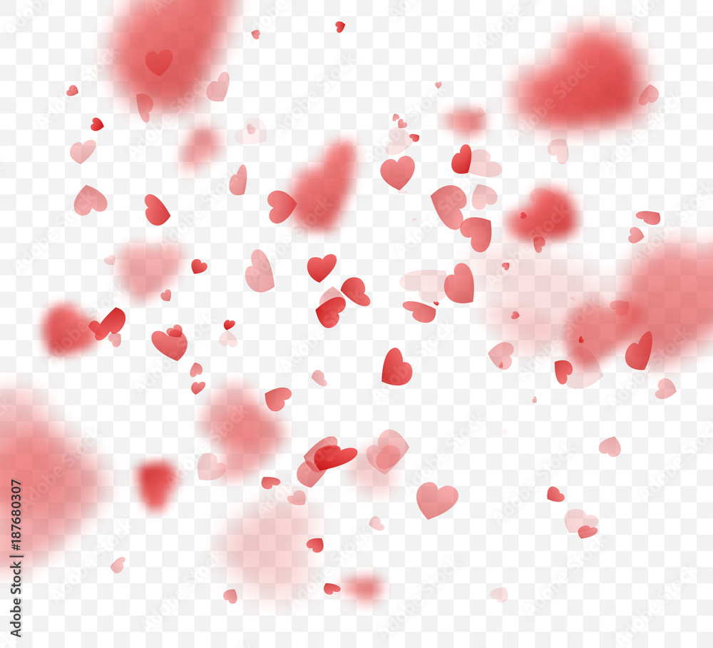 Heart confetti falling on transparent background. Valentines day card template. Vector illustration