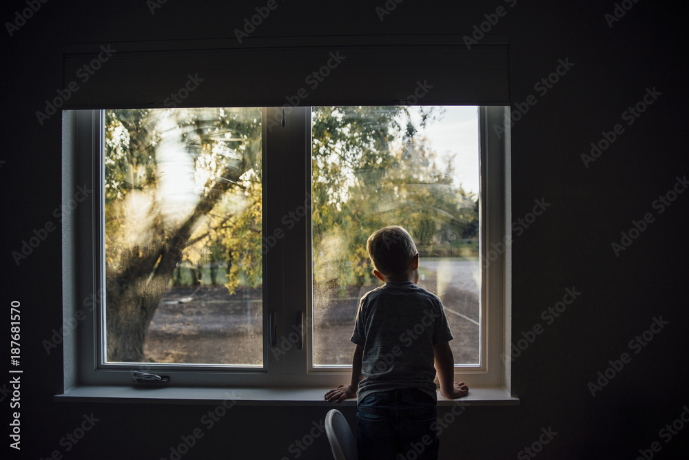 Rear view of boy looking through window in darkroom Rear view of boy looking through window in darkroom