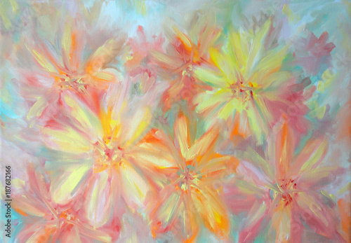 Oil painting on canvas. Artwork. Painting of bright colorful flowers with texture