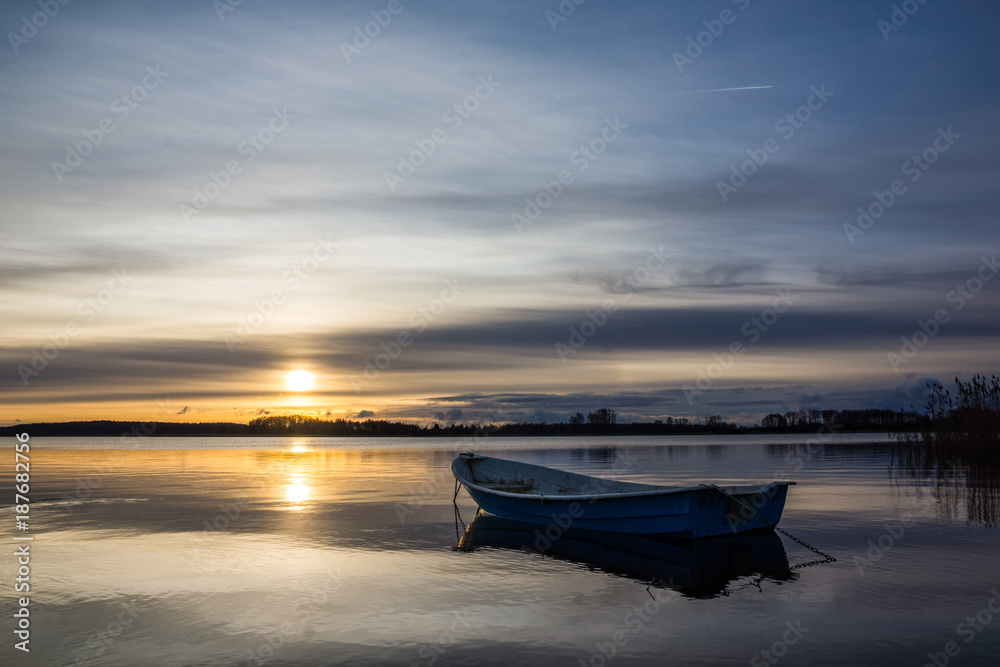 Sunrise over the Swiecajty lake near Wegorzewo, Masuria, Poland