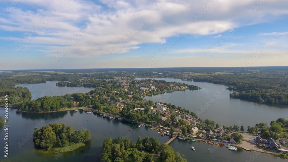 Overhead aerial view of Trakai Castle surroundings in Lithuania