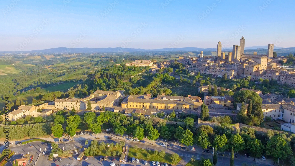 Aerial view of San Gimignano Tower at sunset, Italy