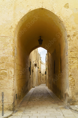 Quiet narrow desert medieval street in silent city Mdina, Malta. Travel postcard vacation concept. Copy space. Vintage effect.