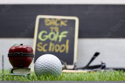 Back to golf school concept with golf ball on green grass
