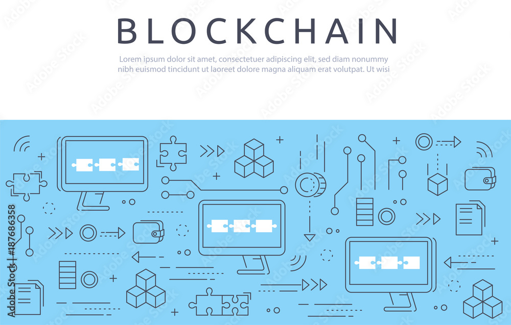 Blockchain technologie process abstract illustration in thin line style. Cryptocurrency vector concept. Blockchain technologie process abstract illustration in thin line style. Cryptocurrency vector concept.