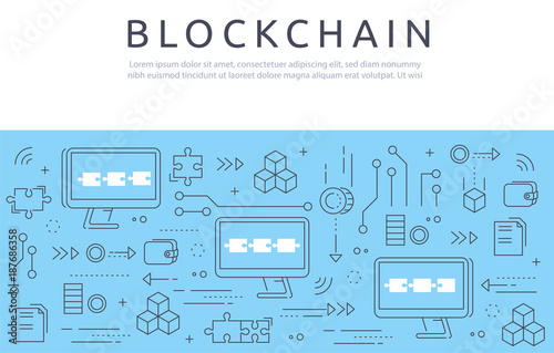 Blockchain technologie process abstract illustration in thin line style. Cryptocurrency vector concept.