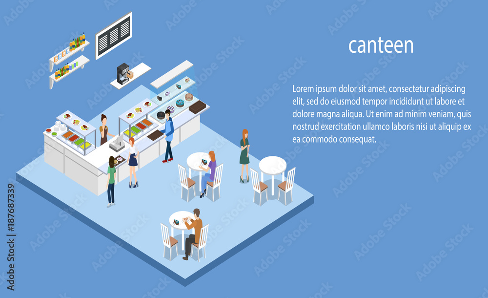 Isometric 3D vector illustration concept of confectionery or canteen with visitors