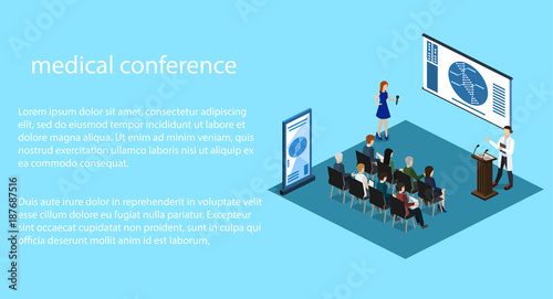 Isometric 3D vector illustration concept report at a medical conference with students