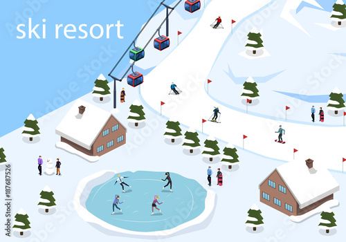 Isometric 3D vector illustration ski resort with a cable car on the mountain