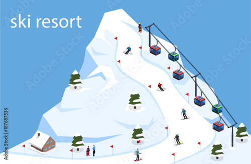 Isometric 3D vector illustration ski resort with a cable car on the mountain