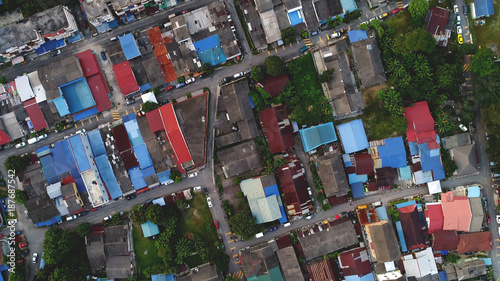 Aerial view. A low rise residential area in the city.