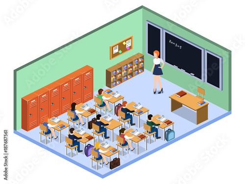 Isometric 3D vector illustration Interior class in school with students