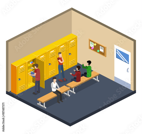 Isometric 3D vector illustration interior dressing room in school with students
