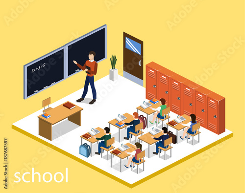 Isometric 3D vector illustration Interior class in school with students