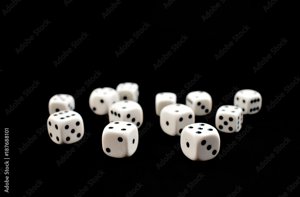 White dice with black dots stock photo images. Playing white dice with black dots isolated on a black background White dice with black dots stock photo images. Playing white dice with black dots isolated on a black background