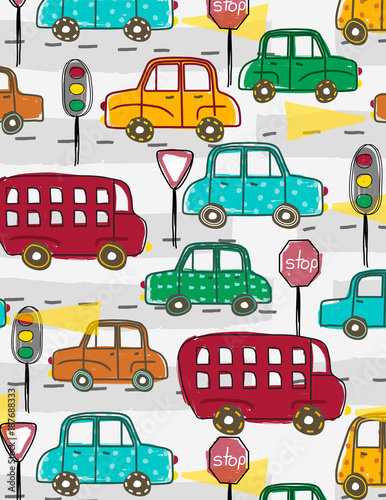 Colorful cars in morning traffic. Vehicles, transportation. Hand drawn illustration for backgrounds, fabric, gift wrap and more. Doodle, line art vector.
