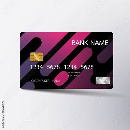 Modern credit card template design. With inspiration from the abstract. Pink and black color on the gray background. Vector illustration. Glossy plastic style.