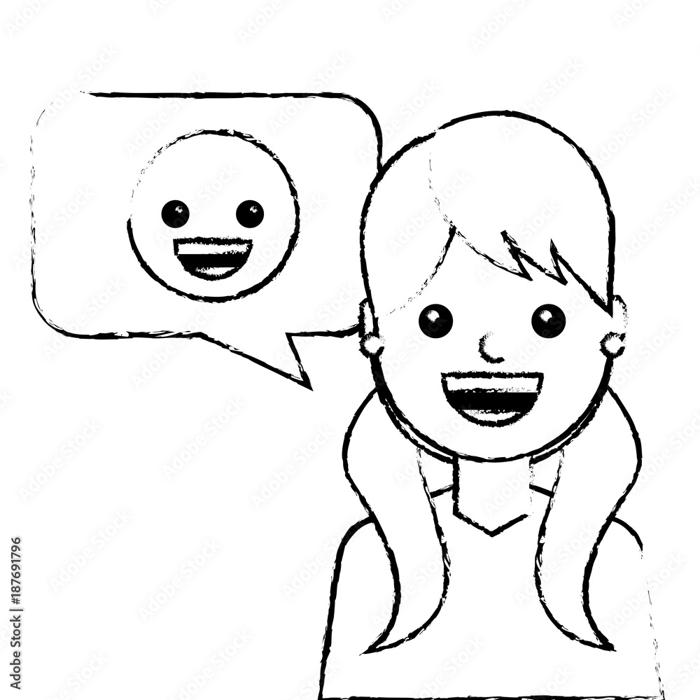 Obraz premium young woman with smile emoticon in speech bubble vector illustration sketch design