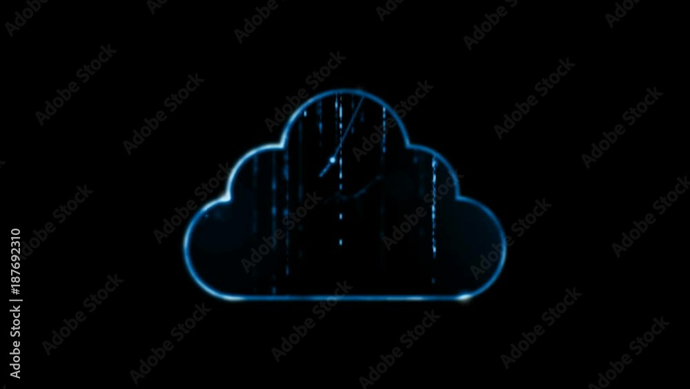 4K Animation of cloud icon with dot connetion line and binary number falling for computer network big data cyber technology futuristic concept with grain alpha channel render