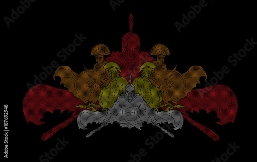Group of Spartan warriors, Roman Helmet composition designed using dots pixels graphic vector