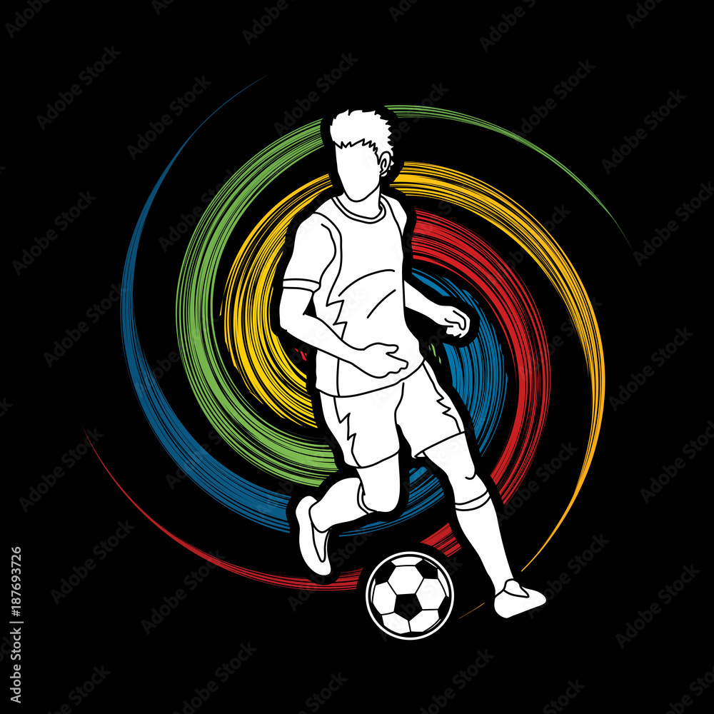 Soccer player running with soccer ball action designed on spin wheel graphic vector