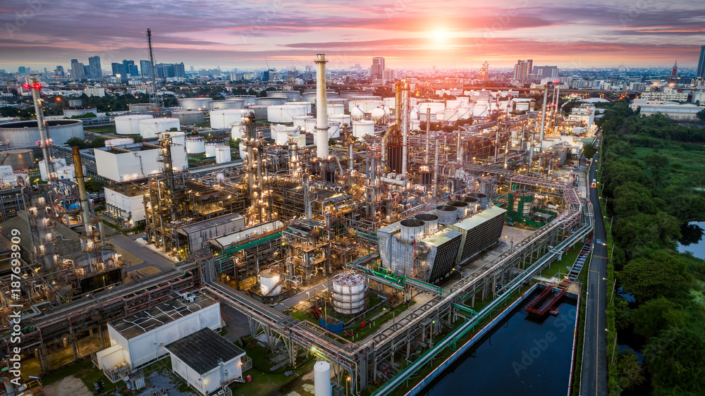 Aerial view of Oil and gas industry - refinery, Shot from drone of Oil refinery and Petrochemical plant  , Bangkok, Thailand